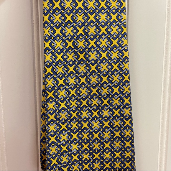 Turnbull & Asser Yellow Silk Necktie Interlocking Blue Square Print - Picture 3 of 5